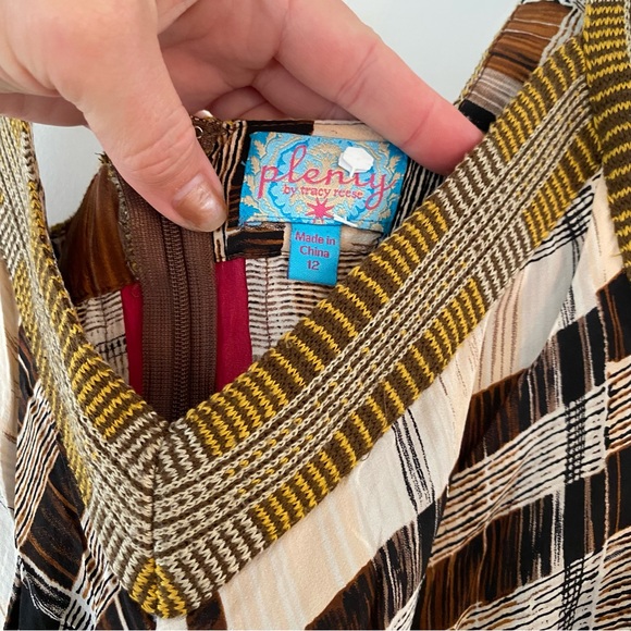 100% Silk Plenty by Tracy Reese Brown Plaid Dress w/ Bright Colored Back Panel - Picture 5 of 13